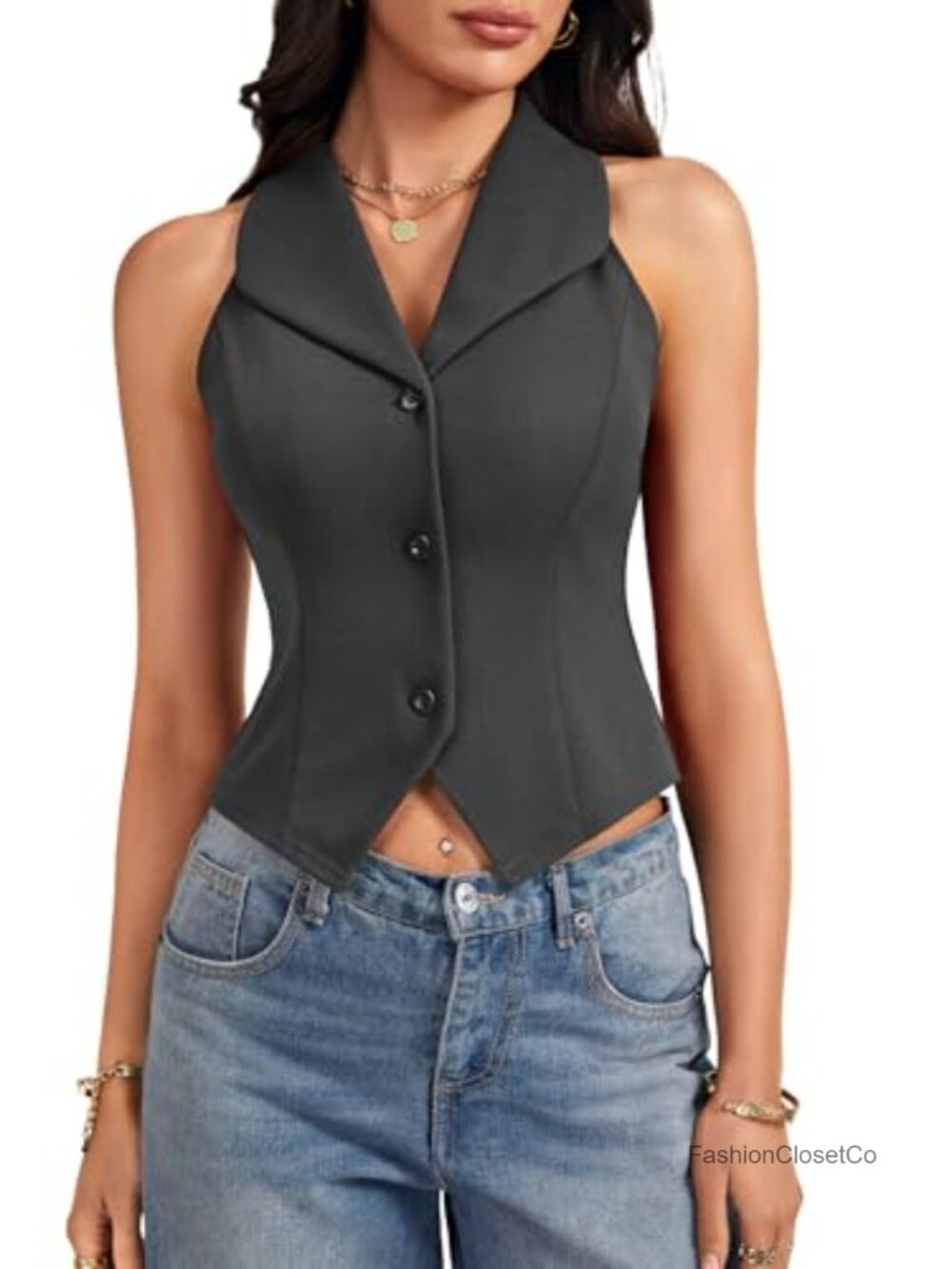 Women's Button Down Collared V Neck Sleeveless Crop Vest Top